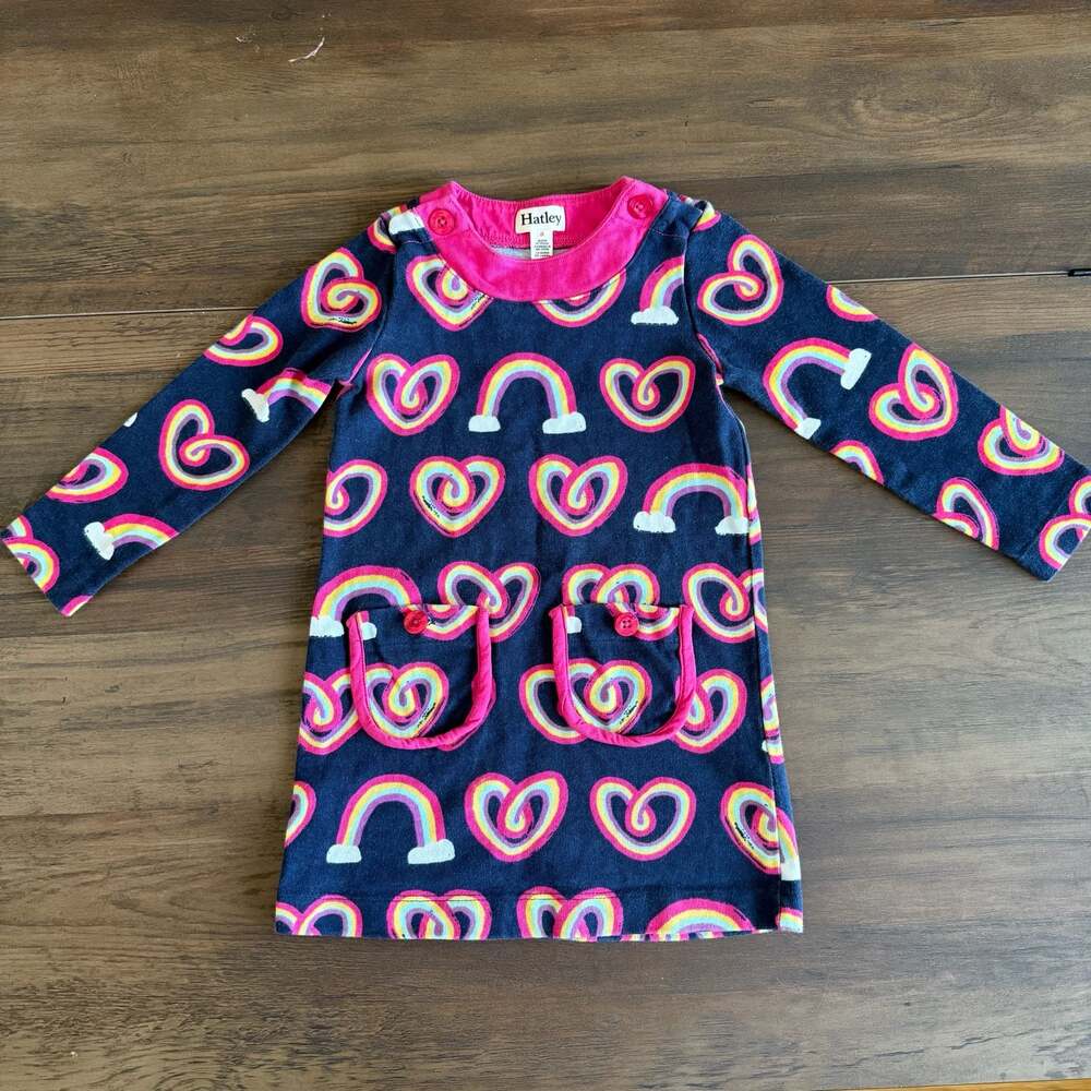 Hatley Twisty Rainbow Hearts Long Sleeve Pocket Dress Size 3